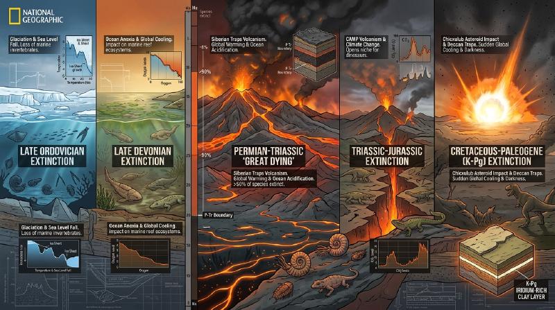 Featured image of post 五大大量絶滅：地球史を揺るがした破局の地質学・火山活動・隕石衝突・気候変動の全貌